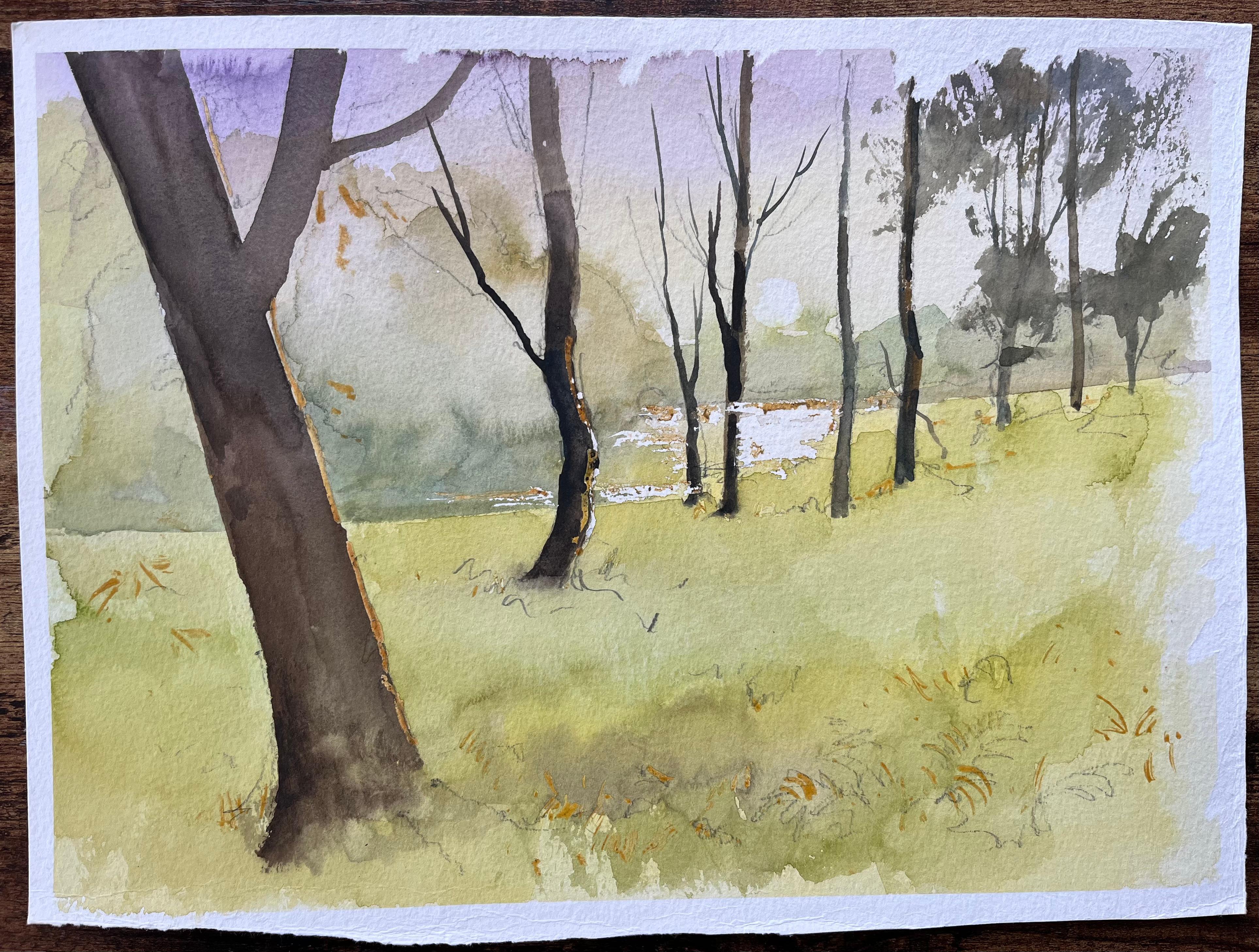 British Watercolor Woodland Landscape with Bare Trees and Sunlit Clearing - Painting by Anthony Avery