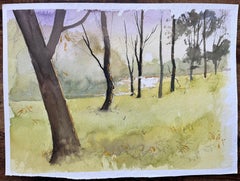 British Watercolor Woodland Landscape with Bare Trees and Sunlit Clearing