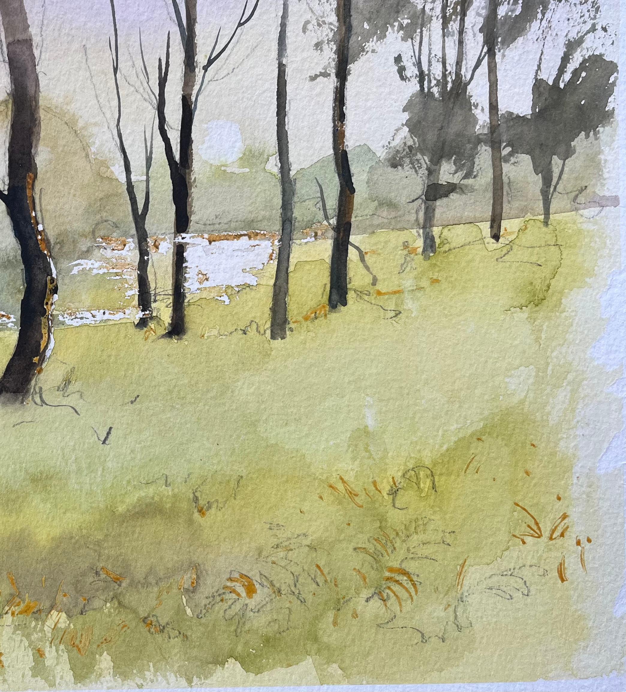 British Watercolor Woodland Landscape with Bare Trees and Sunlit Clearing - Impressionist Painting by Anthony Avery