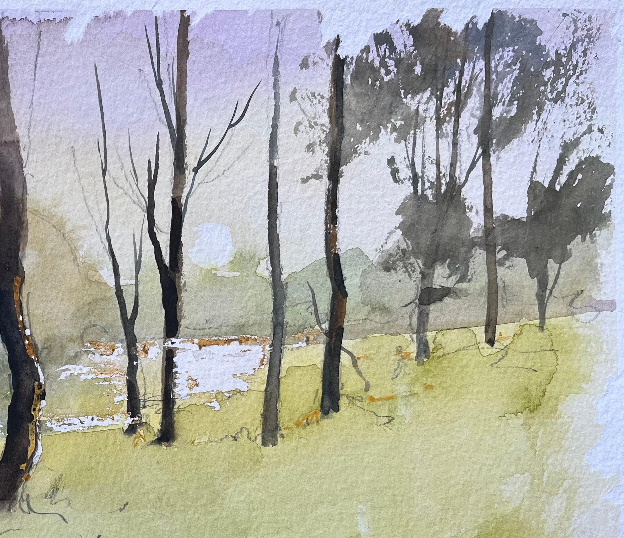 British Watercolor Woodland Landscape with Bare Trees and Sunlit Clearing - Gray Landscape Painting by Anthony Avery