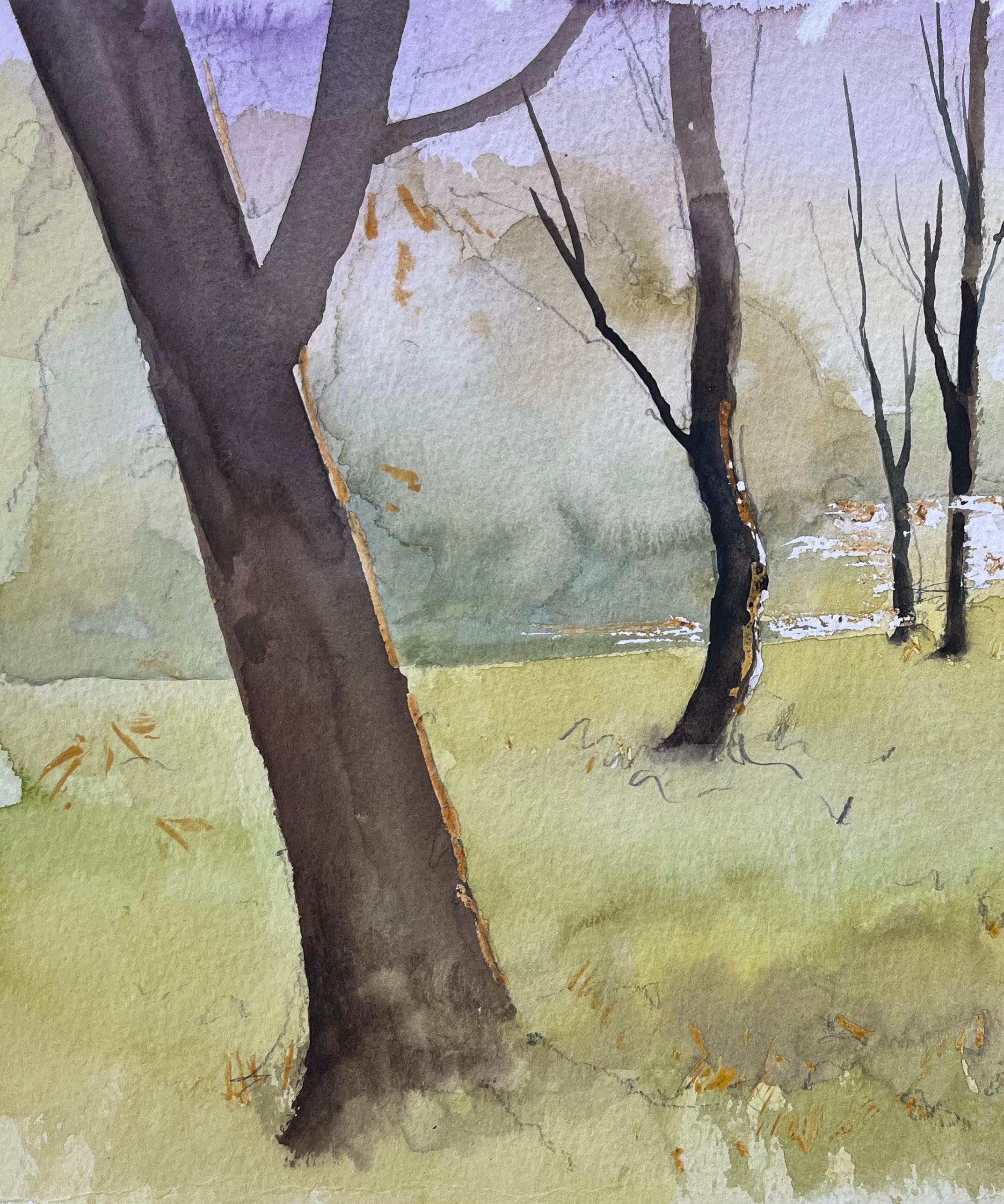 Title: British Watercolor Woodland Landscape with Bare Trees and Sunlit Clearing
By Anthony Avery (British 1946-2023)
Original watercolor on artists paper, unframed
Dimensions: 11.25 x 15 inches (Height x Width)
Condition: Good, with some minor