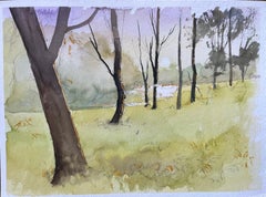 Britische Aquarell-Holzlandschaftslandschaft mit blauen Bäumen und sonnenbeschienenem Clearing