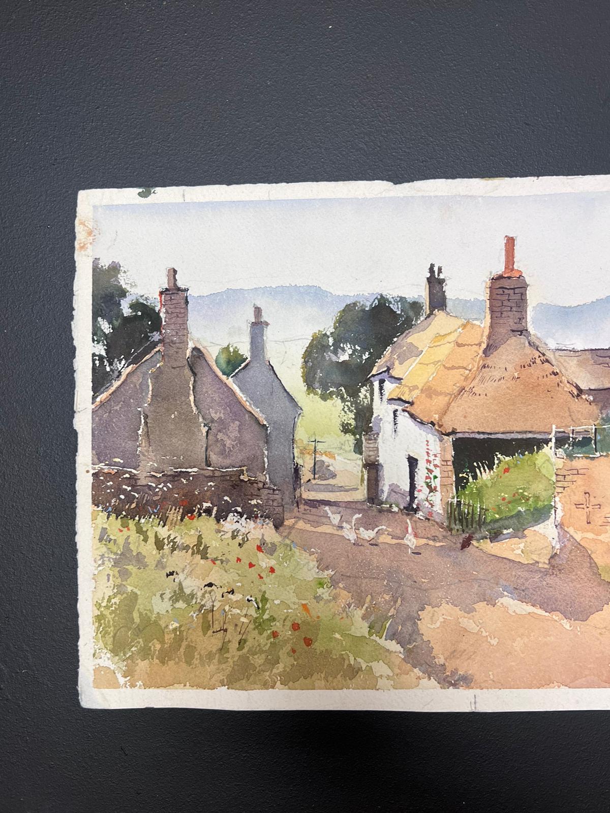Feine britische Original-impressionistische Aquarell-Enten im Gartenhof, im Original-Stil (Beige), Landscape Painting, von Anthony Avery