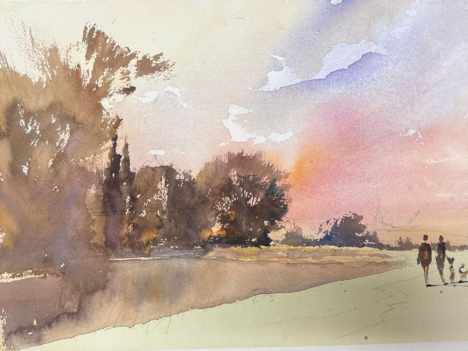 Landscape Painting de Anthony Avery - Fina Acuarela Impresionista Original Británica Familia Paseando al Atardecer