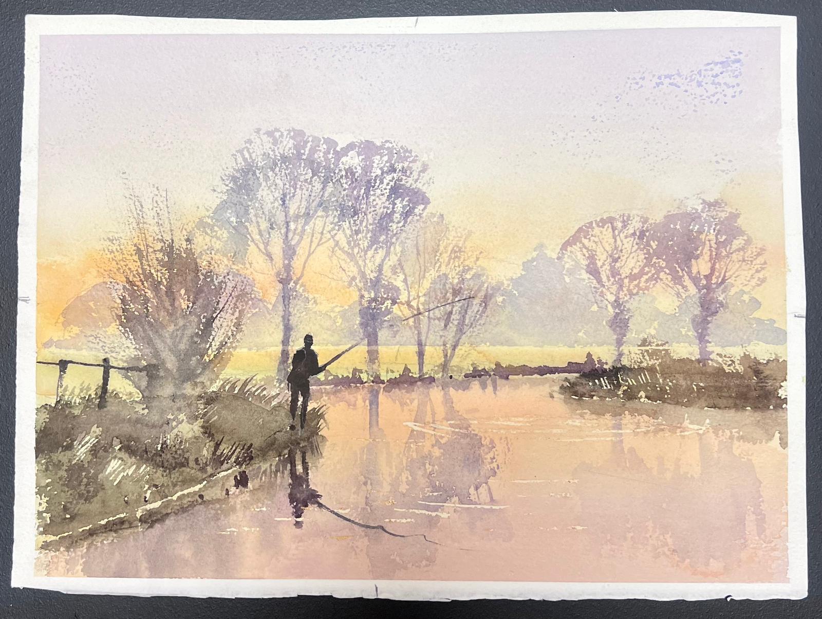 Raffinato acquerello originale britannico con figura di pesca a mosca all'alba - Painting di Anthony Avery