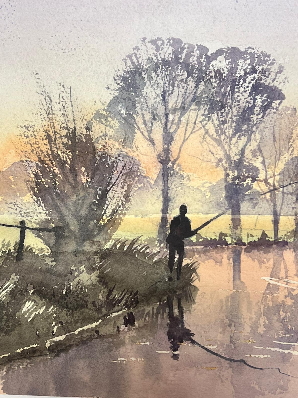 Raffinato acquerello originale britannico con figura di pesca a mosca all'alba in vendita 1