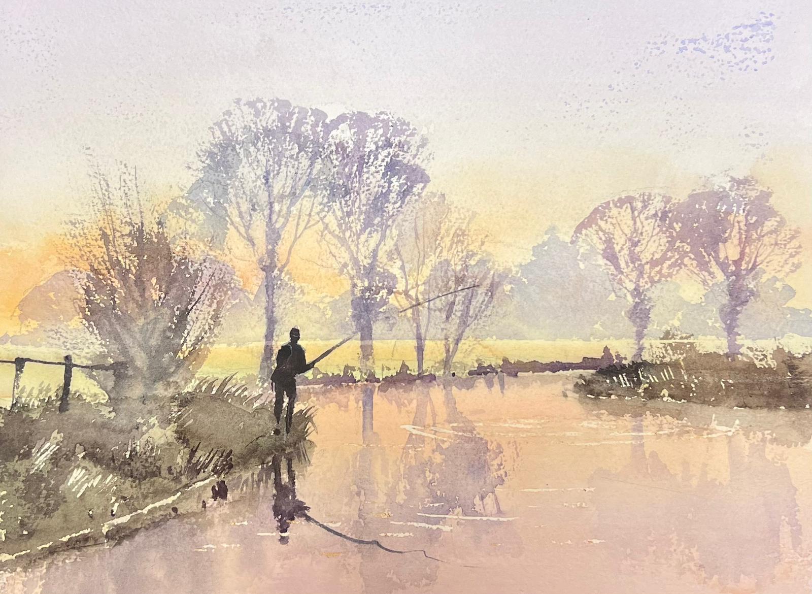 Landscape Painting di Anthony Avery - Raffinato acquerello originale britannico con figura di pesca a mosca all'alba