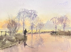 Fine British Original Impressionist Watercolor Figure Fly Fishing At Dawn