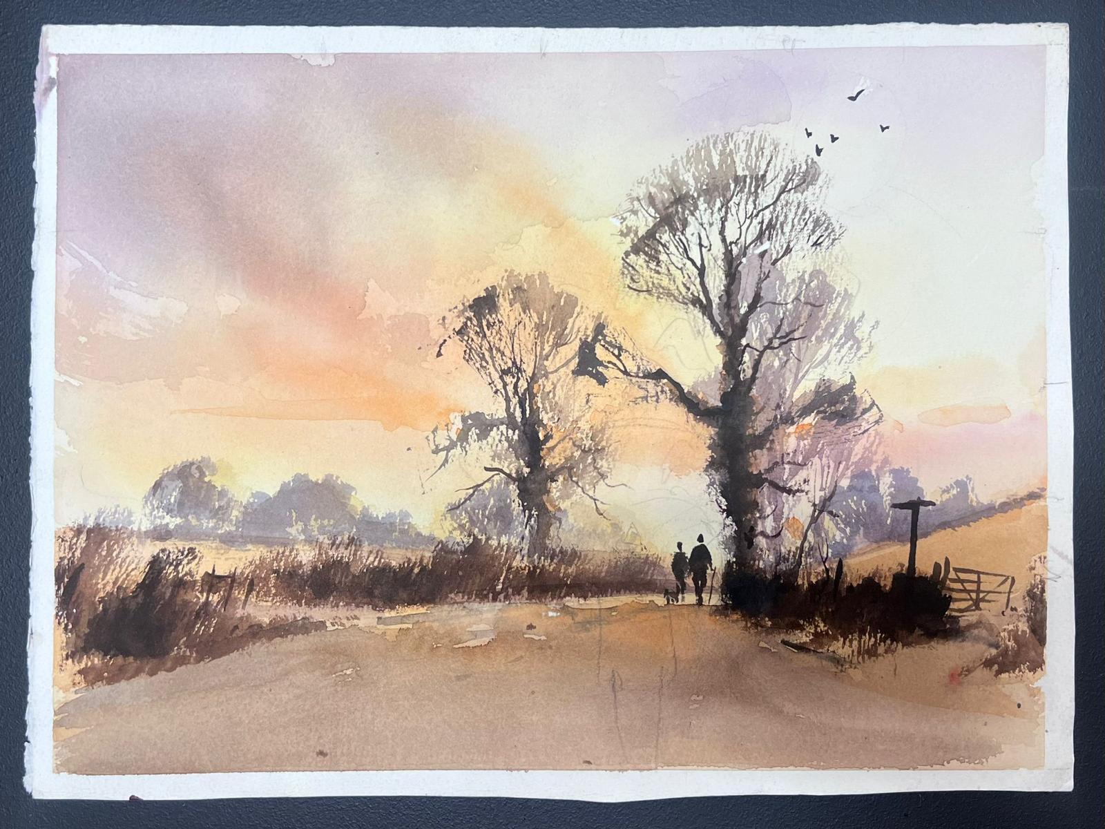 Fine British Original Impressionist Watercolor Figures In Sunset Meadow - Painting by Anthony Avery