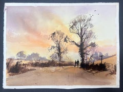 Belle aquarelle impressionniste originale britannique Figures dans un pré au coucher du soleil