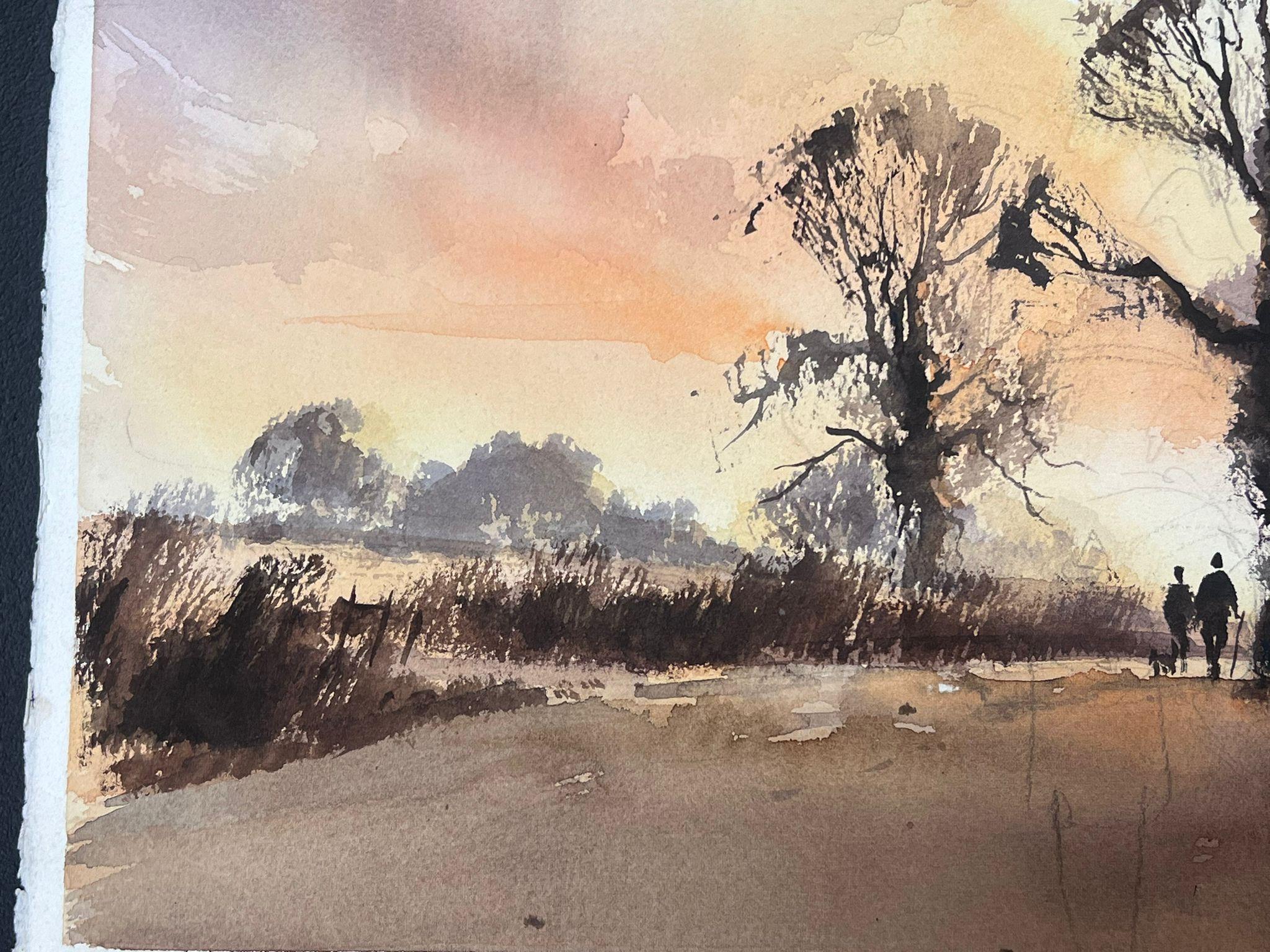 Fine British Original Impressionist Watercolor Figures In Sunset Meadow - Beige Figurative Painting by Anthony Avery