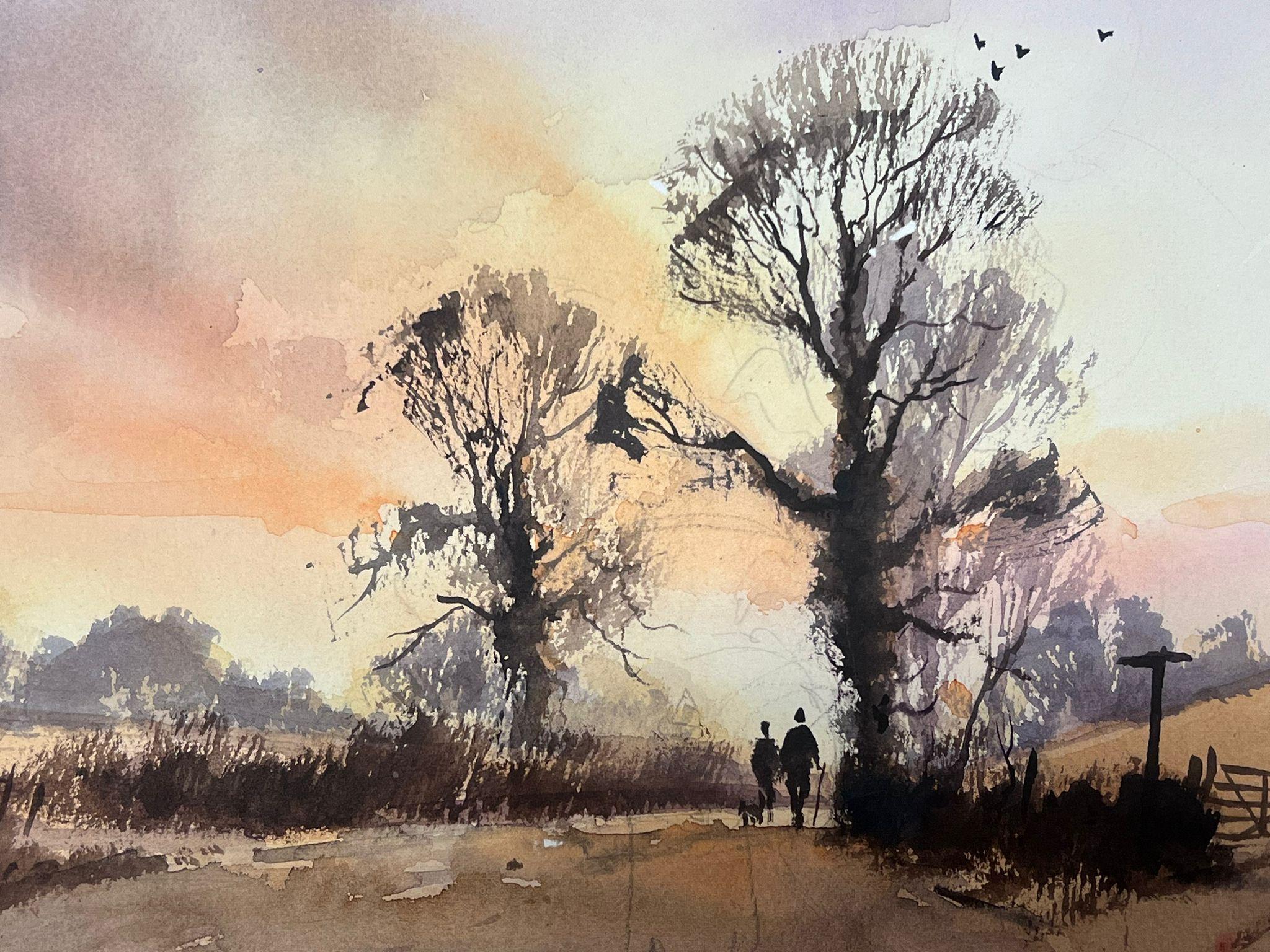 Fine British Original Impressionist Watercolor Figures In Sunset Meadow For Sale 1