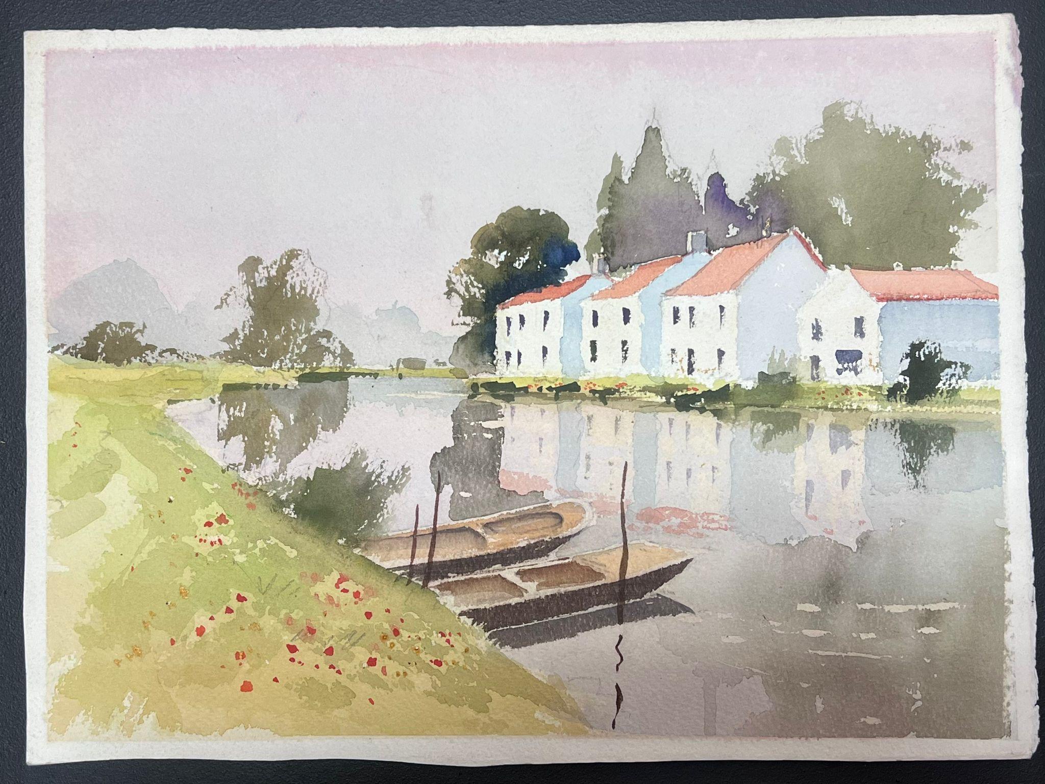 Fine British Original Impressionist Watercolor Figures In Sunset Meadow For Sale 2
