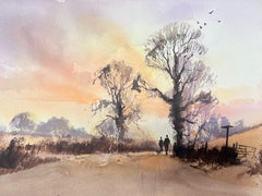 Feine britische Original-impressionistische Aquarellfiguren in Sonnenuntergang-Meadow, Original