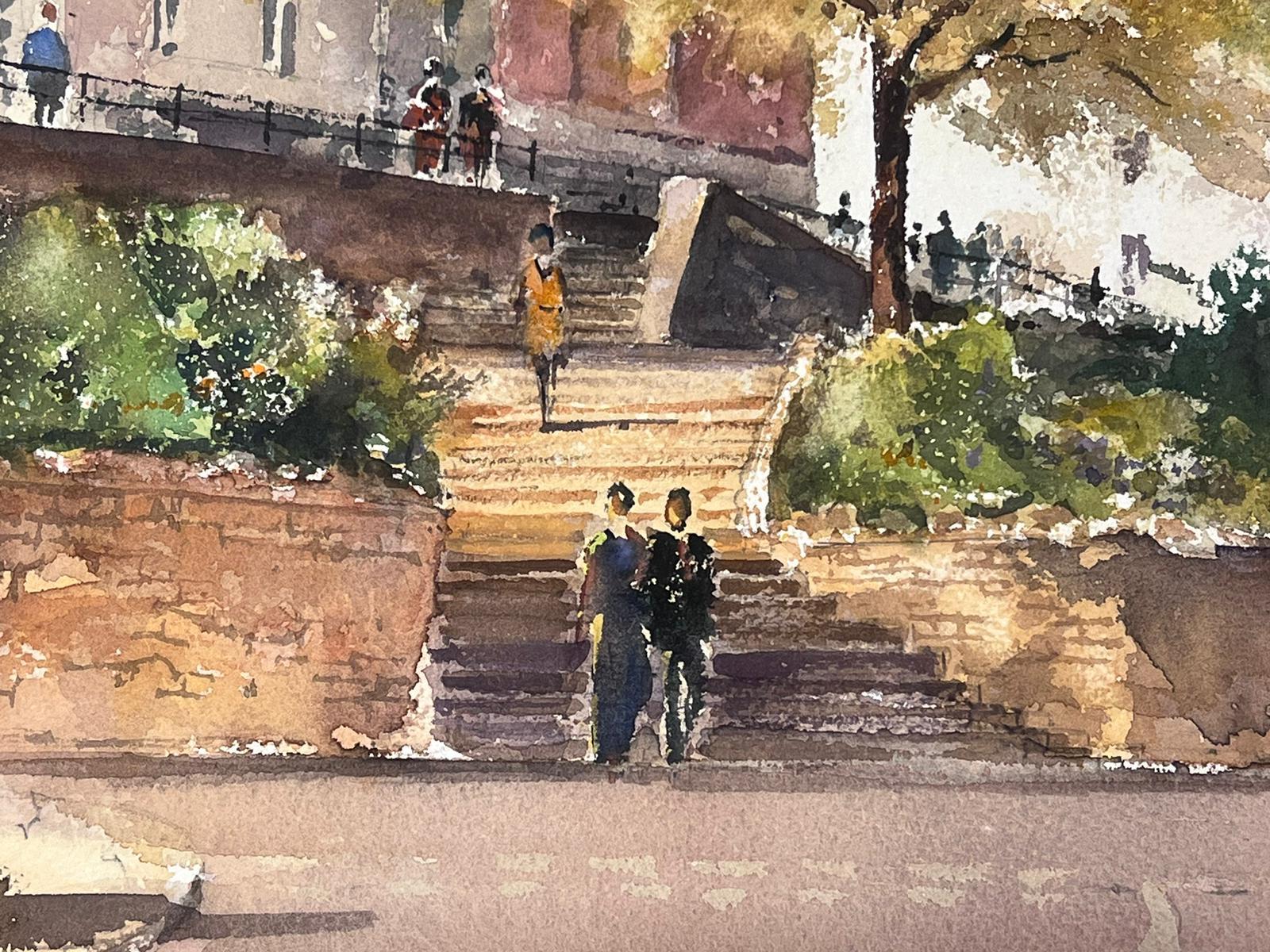 Fine aquarelle impressionniste britannique originale, marchant sur les marches de la ville - Impressionnisme Painting par Anthony Avery