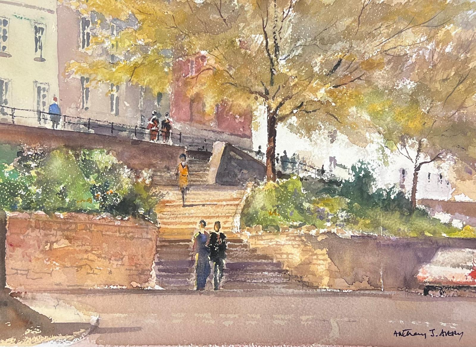 Landscape Painting Anthony Avery - Fine aquarelle impressionniste britannique originale, marchant sur les marches de la ville