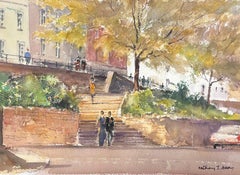 Fine aquarelle impressionniste britannique originale, marchant sur les marches de la ville