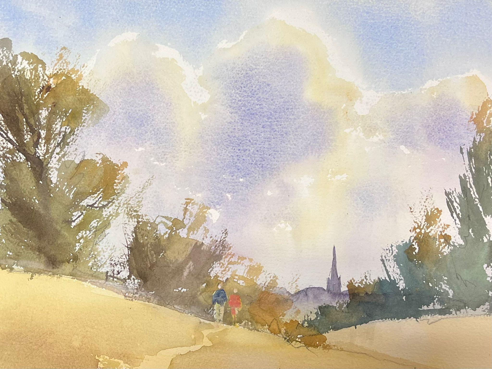 Landscape Painting di Anthony Avery - Raffinato acquerello impressionista originale britannico con figure che camminano sul sentiero di campagna