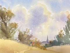 Feine britische Original-impressionistische Aquarellfiguren, die auf dem Landweg gehen, im Original-Stil