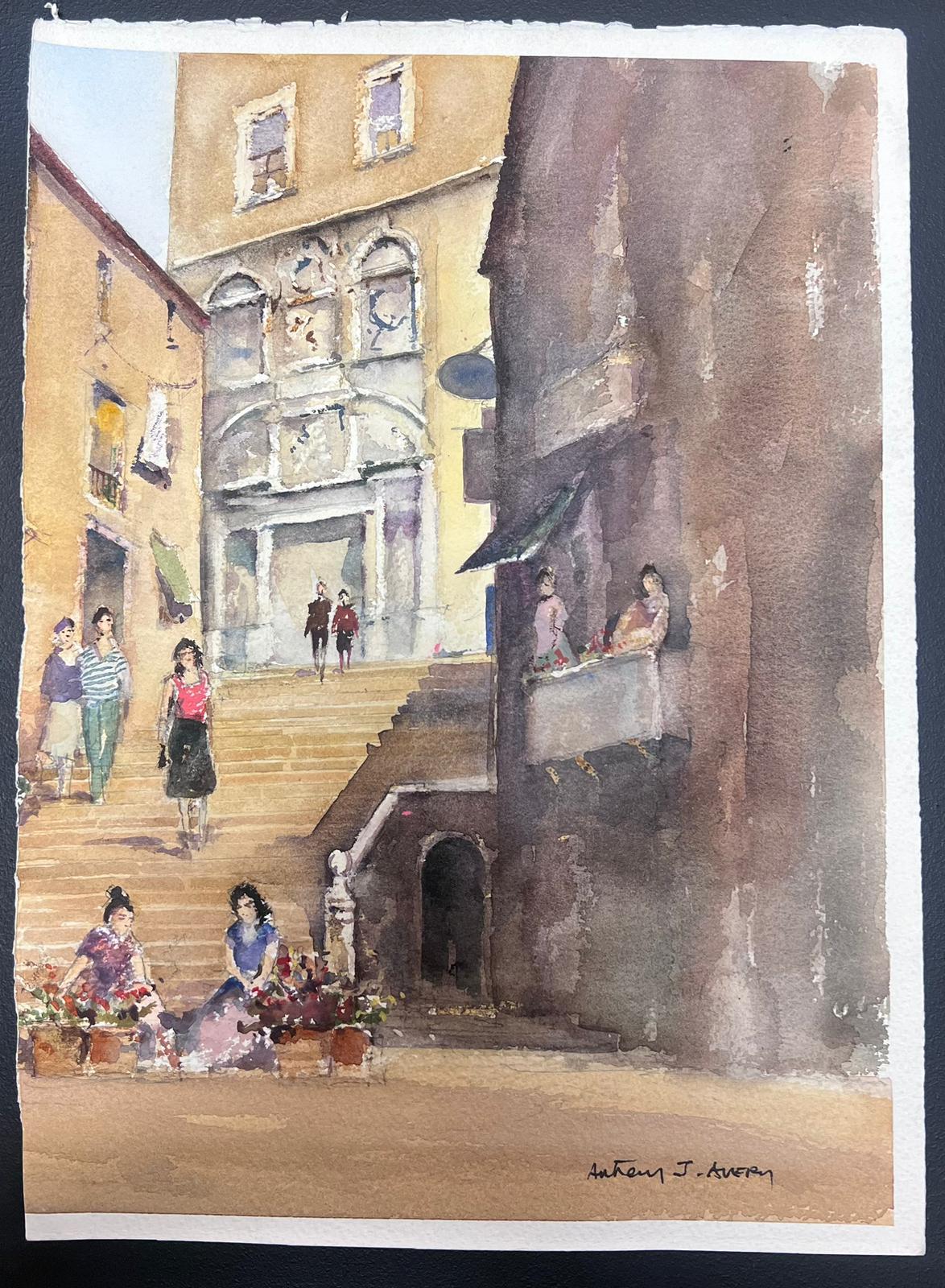 Fine British Original Impressionist Watercolor Flower Sellers At The Town Steps - Painting by Anthony Avery