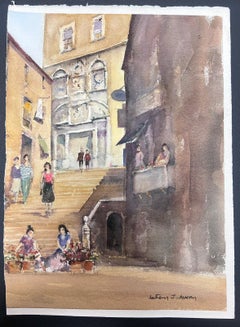 Fine British Original Impressionist Watercolor Flower Sellers At The Town Steps
