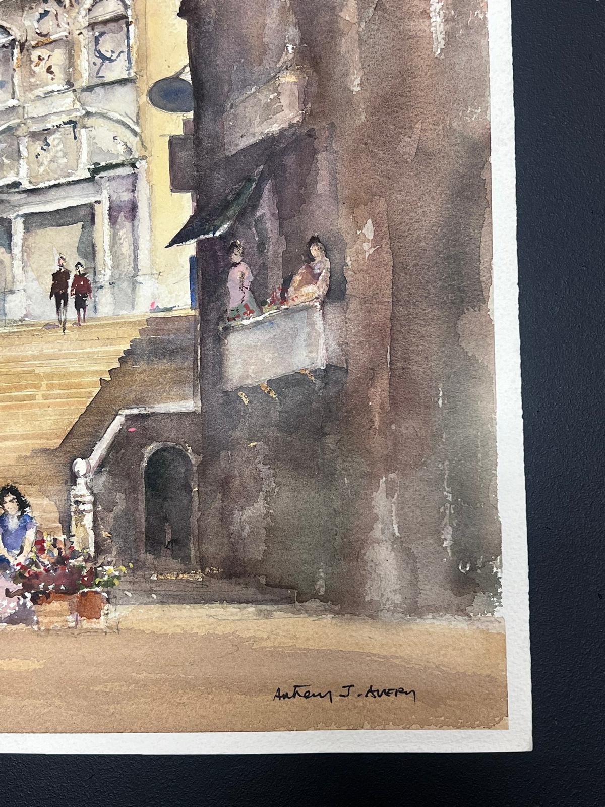 Fine British Original Impressionist Watercolor Flower Sellers At The Town Steps - Brown Landscape Painting by Anthony Avery
