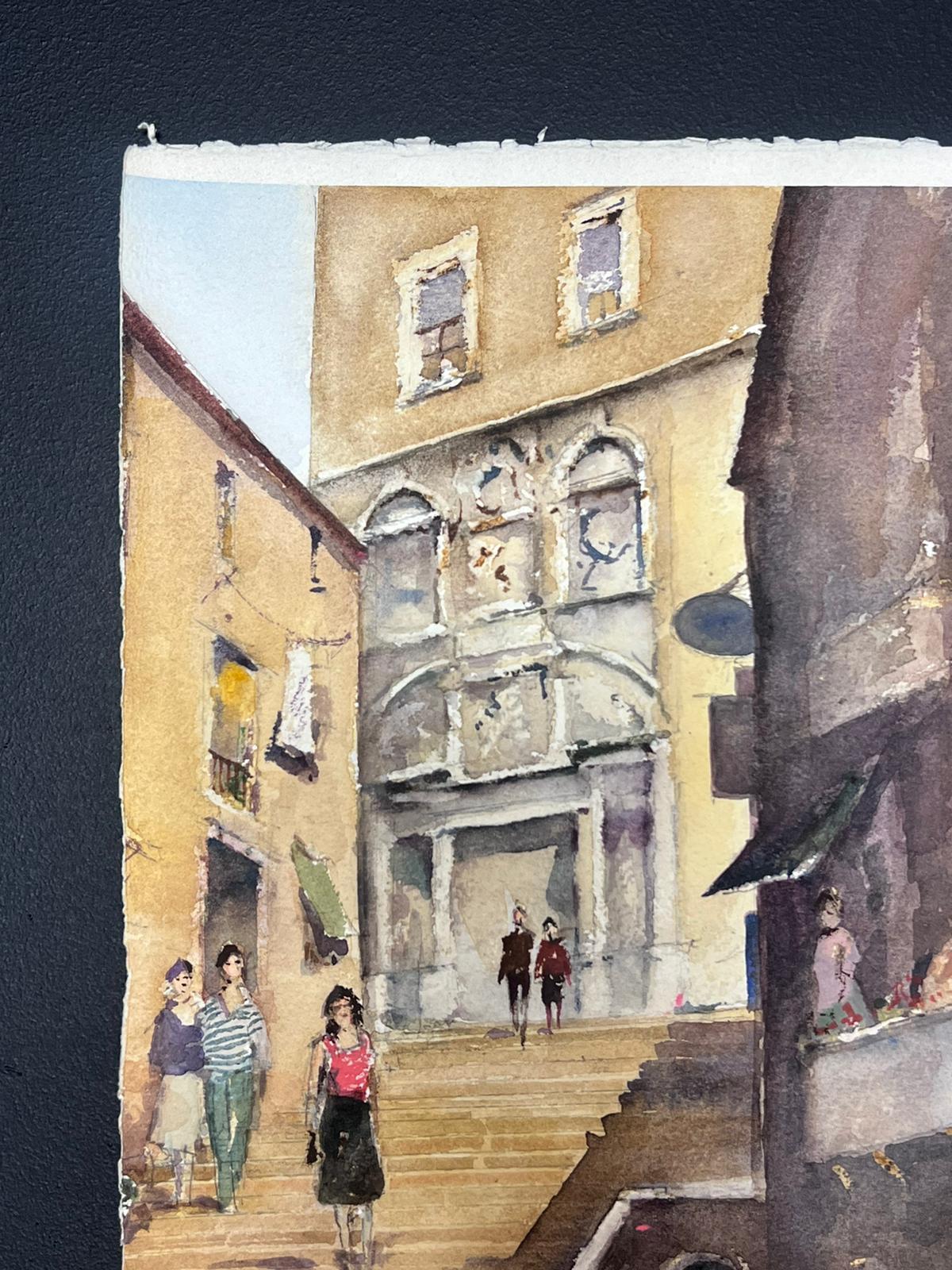 Fine British Original Impressionist Watercolor Flower Sellers At The Town Steps For Sale 1