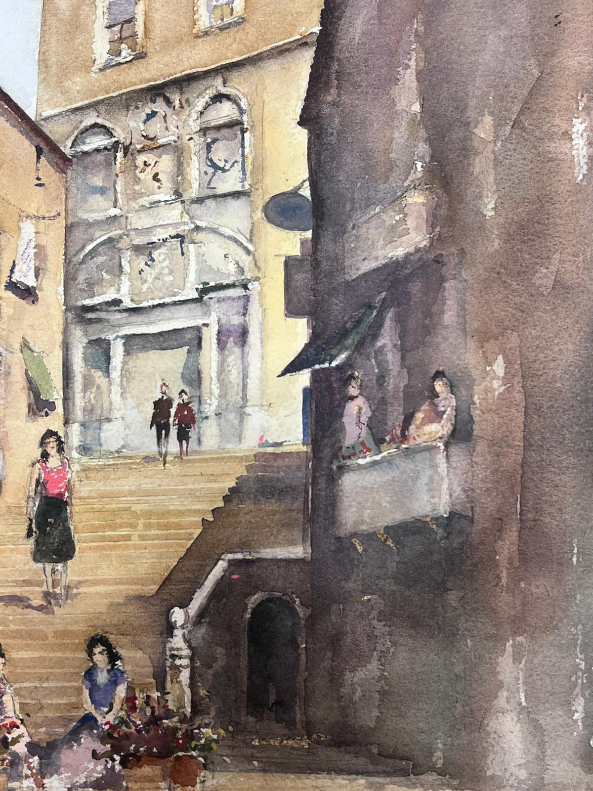 Fine British Original Impressionist Watercolor Flower Sellers At The Town Steps For Sale 2