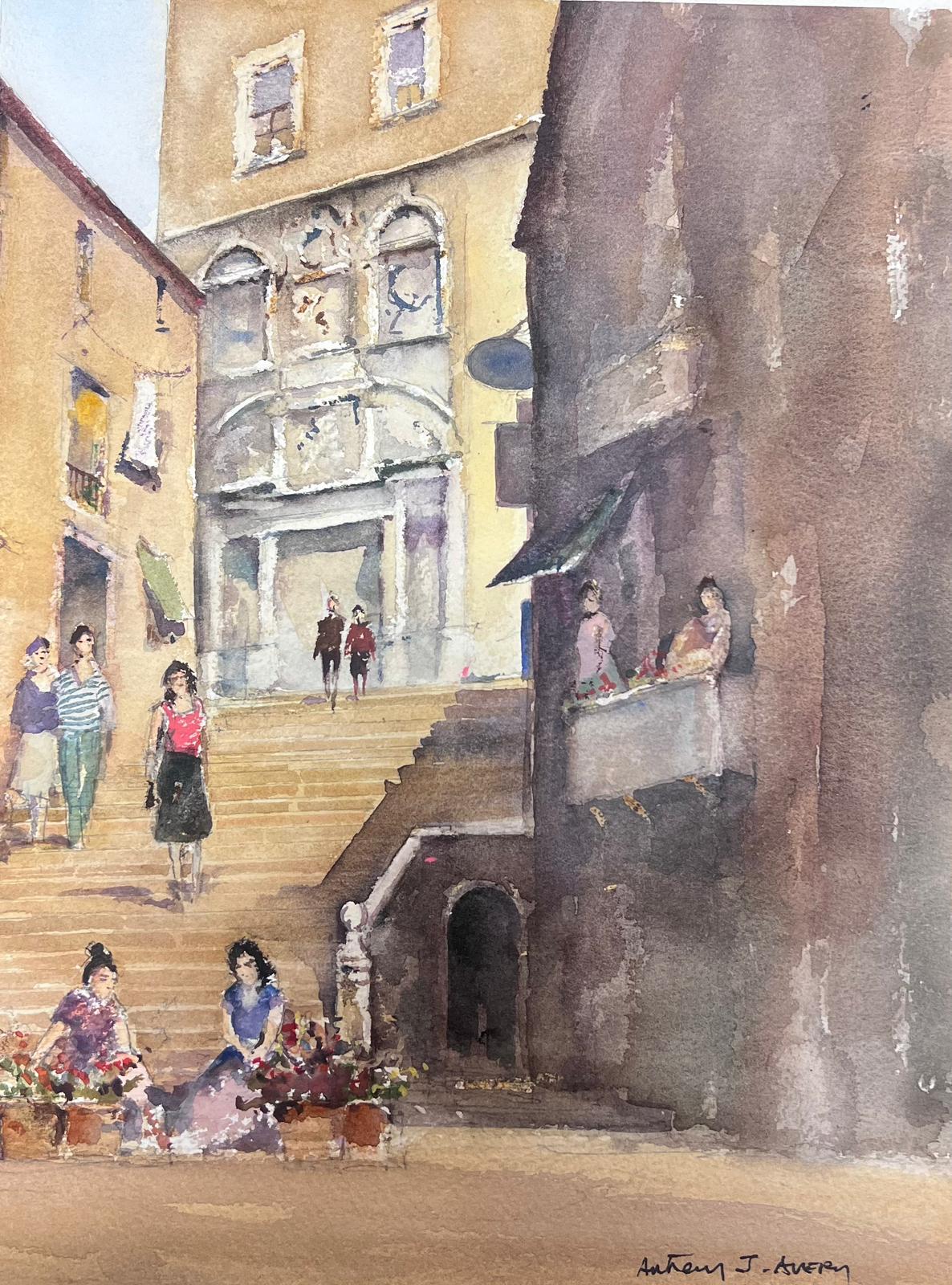 Fine British Original Impressionist Watercolor Flower Sellers At The Town Steps