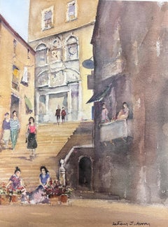 Belle aquarelle impressionniste britannique originale « Flower Sellers at The Town Steps »