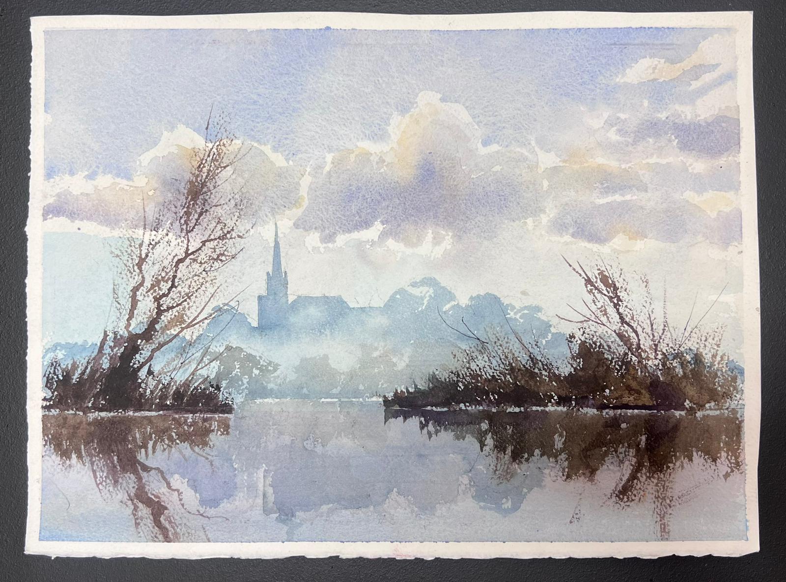Raffinato acquerello impressionista originale britannico Nebbia cupa che sale su un lago blu - Painting di Anthony Avery