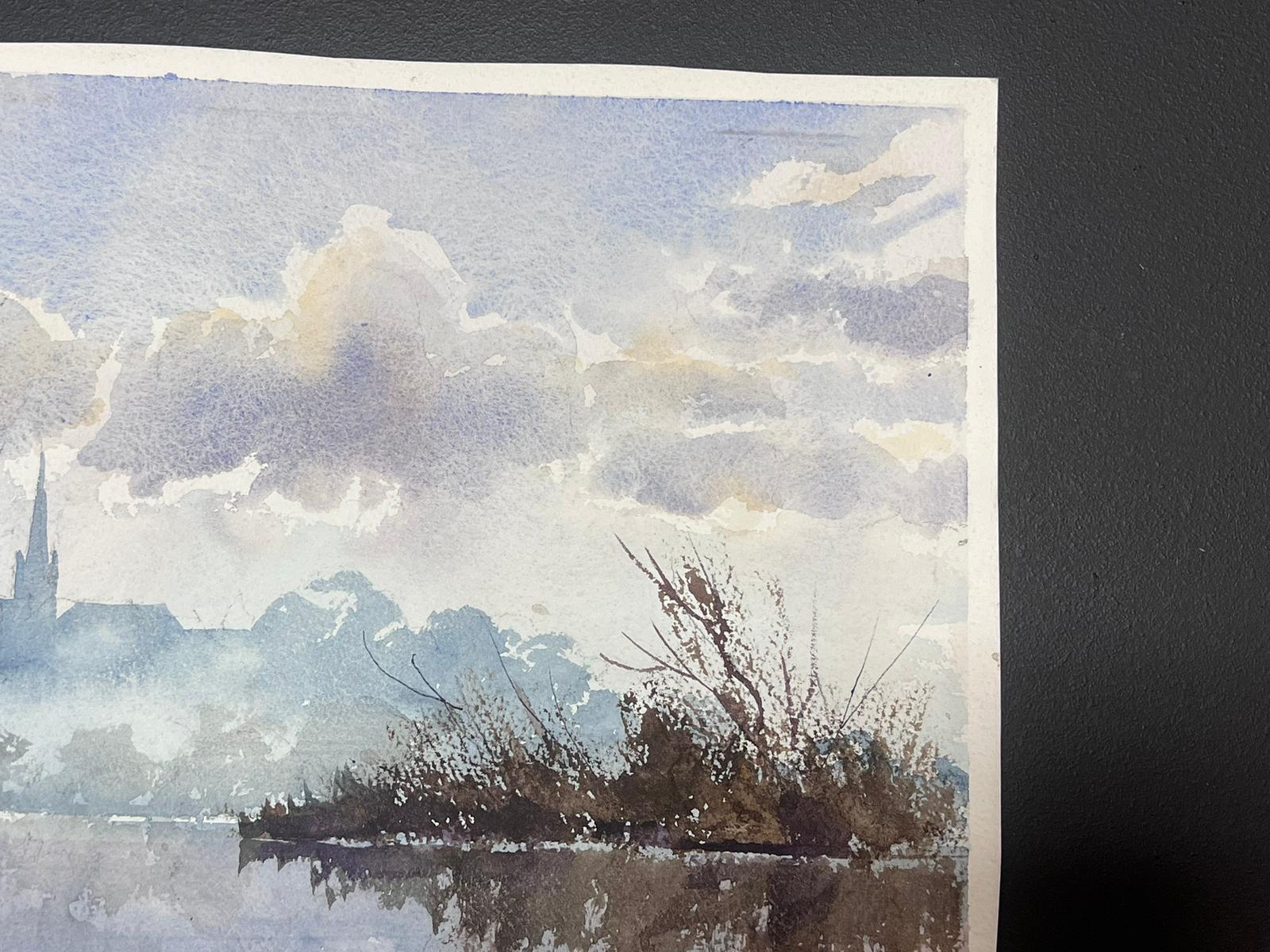 Raffinato acquerello impressionista originale britannico Nebbia cupa che sale su un lago blu - Landscape Painting Grigio di Anthony Avery