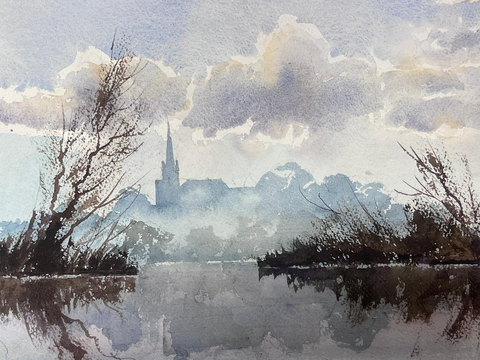Raffinato acquerello impressionista originale britannico Nebbia cupa che sale su un lago blu in vendita 1