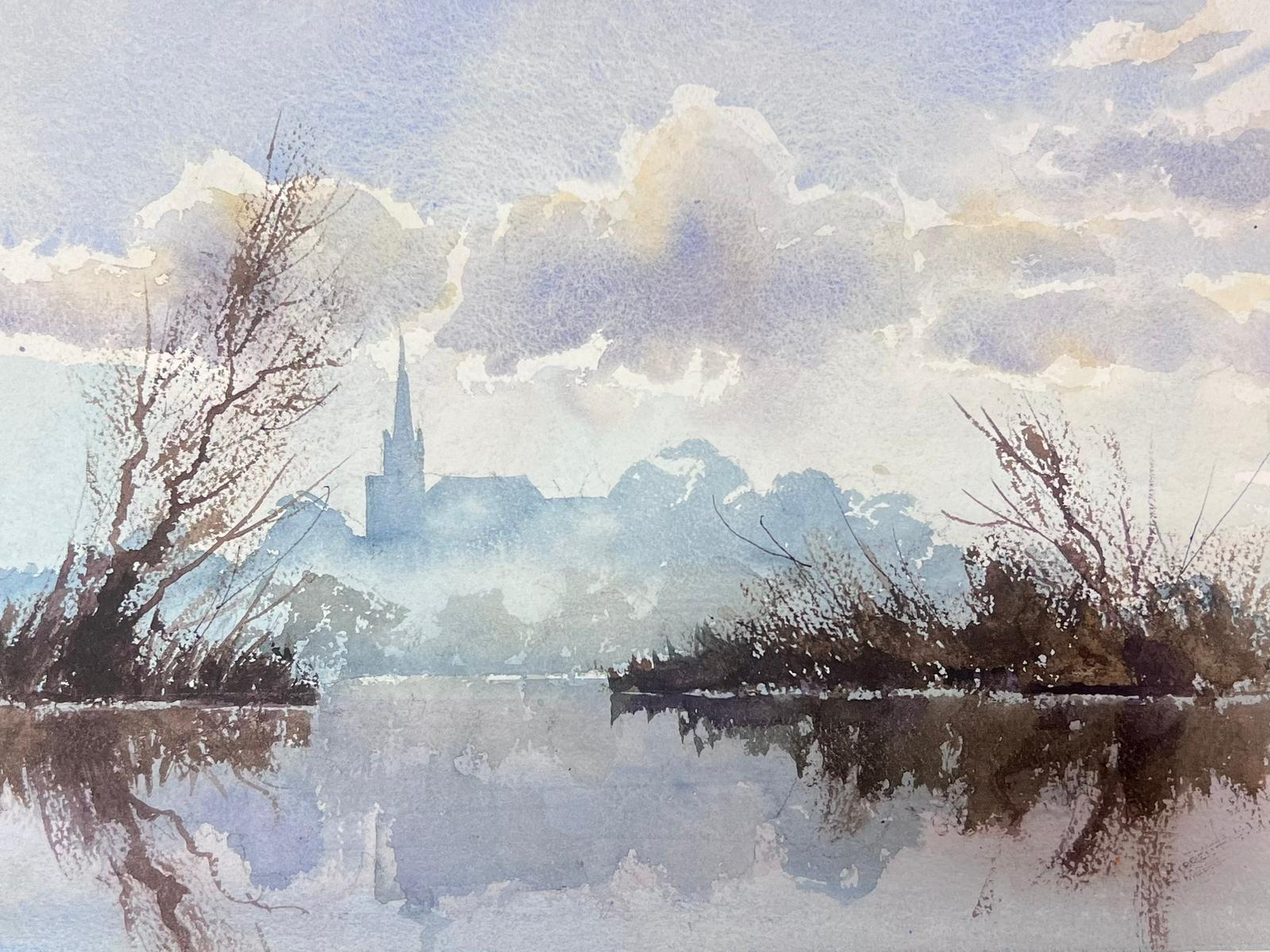Landscape Painting di Anthony Avery - Raffinato acquerello impressionista originale britannico Nebbia cupa che sale su un lago blu