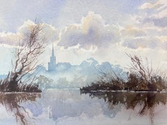 Feines britisches Original-impressionistisches Aquarellgemälde, leuchtendes Licht, das über blauen See erhebt