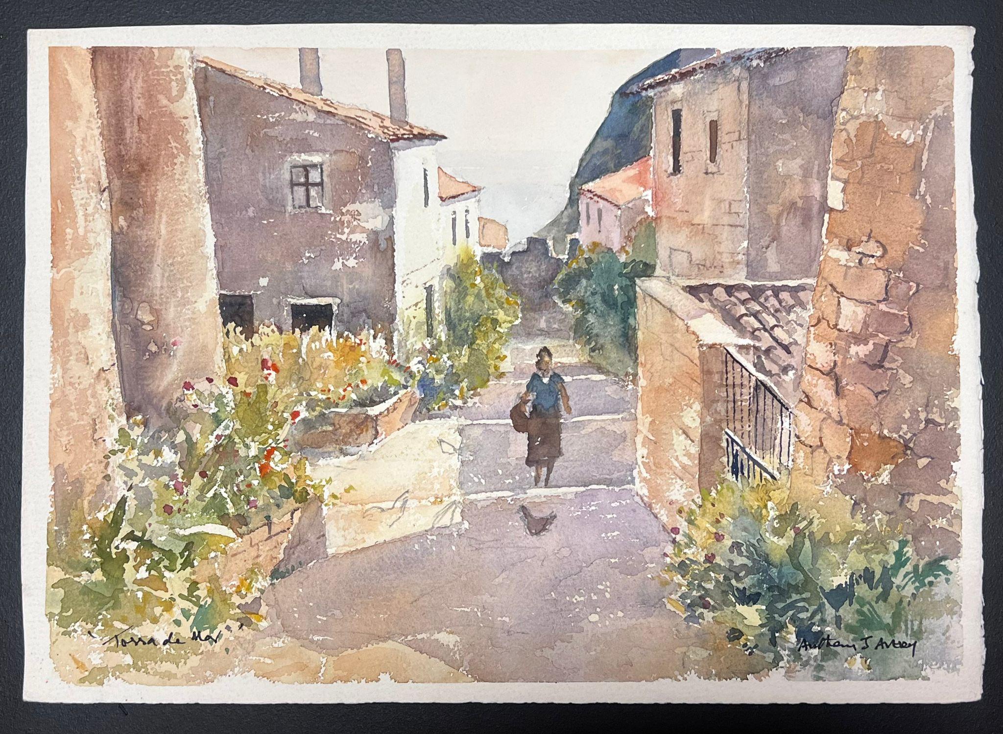 Fina acuarela original británica impresionista Dama caminando por la calle en verano - Painting de Anthony Avery