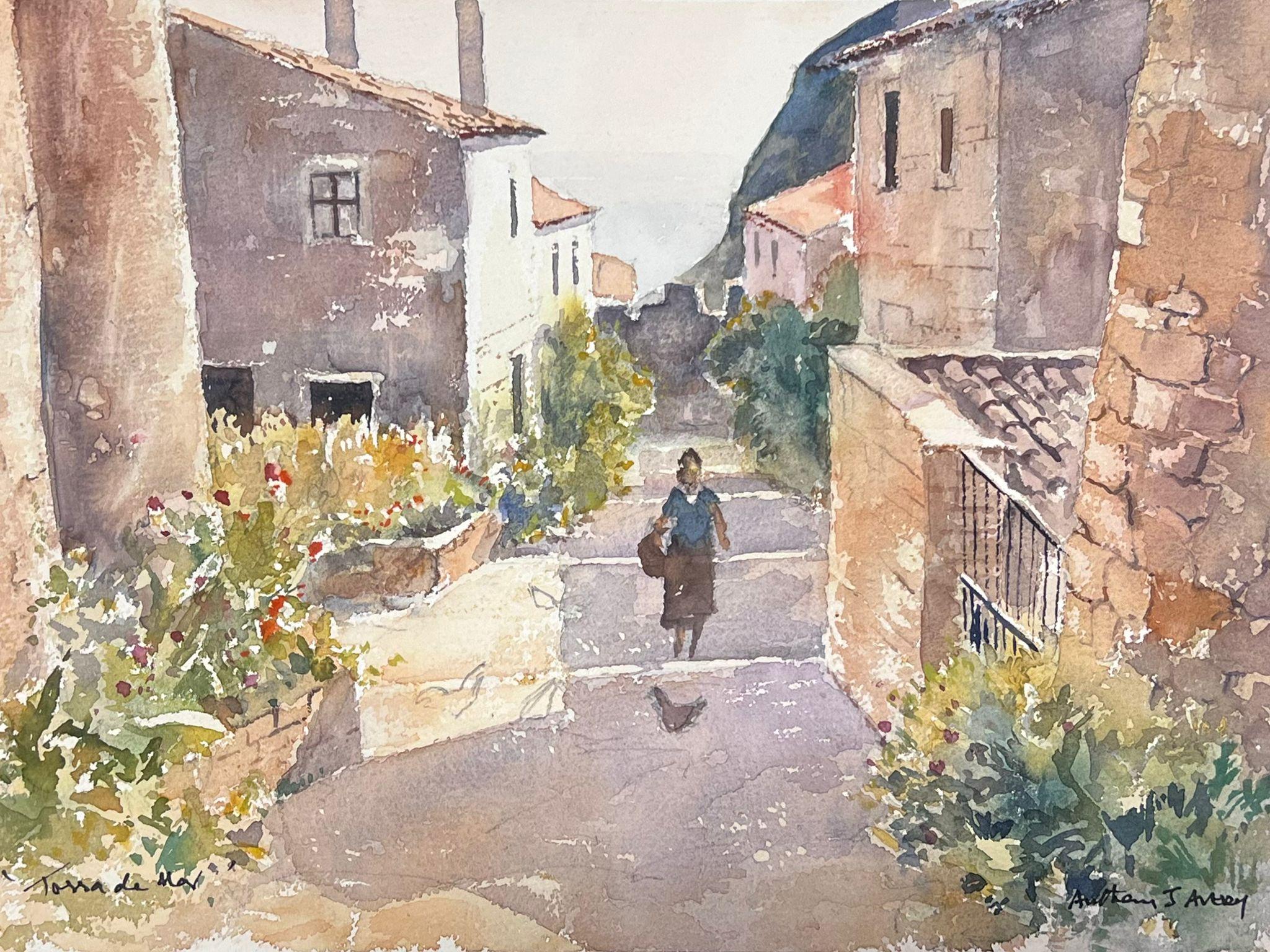 Landscape Painting de Anthony Avery - Fina acuarela original británica impresionista Dama caminando por la calle en verano