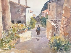Raffinato acquerello impressionista originale britannico La signora che cammina per la strada d'estate