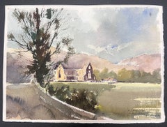 Fine British Original Impressionist Watercolor Mansion Overlooking Spring Fields