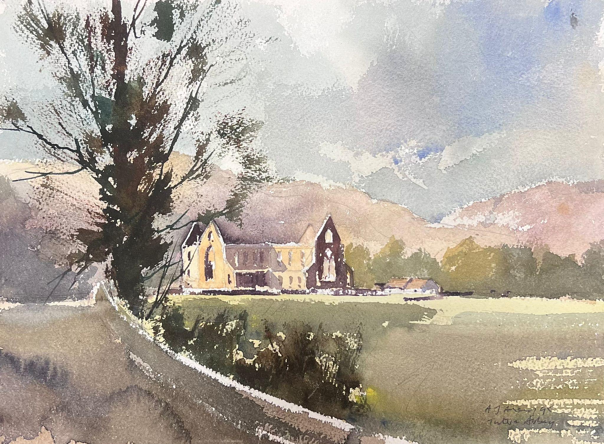 Landscape Painting de Anthony Avery - Fina acuarela original británica impresionista Mansión con vistas a campos primaverales