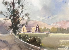 Raffinato acquerello impressionista britannico originale con vista sui campi di primavera