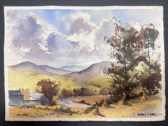 Fine British Original Impressionist Watercolor Purple Mountain Estuary Hill Farm