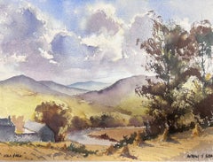 Feine britische Original-impressionistische Aquarell-Aquarellfarbe lila Bergtuary Hill Farm, Original