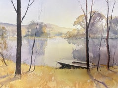 Fine British Original Impressionist Watercolor Rowing Boat At Yellow Waterbank