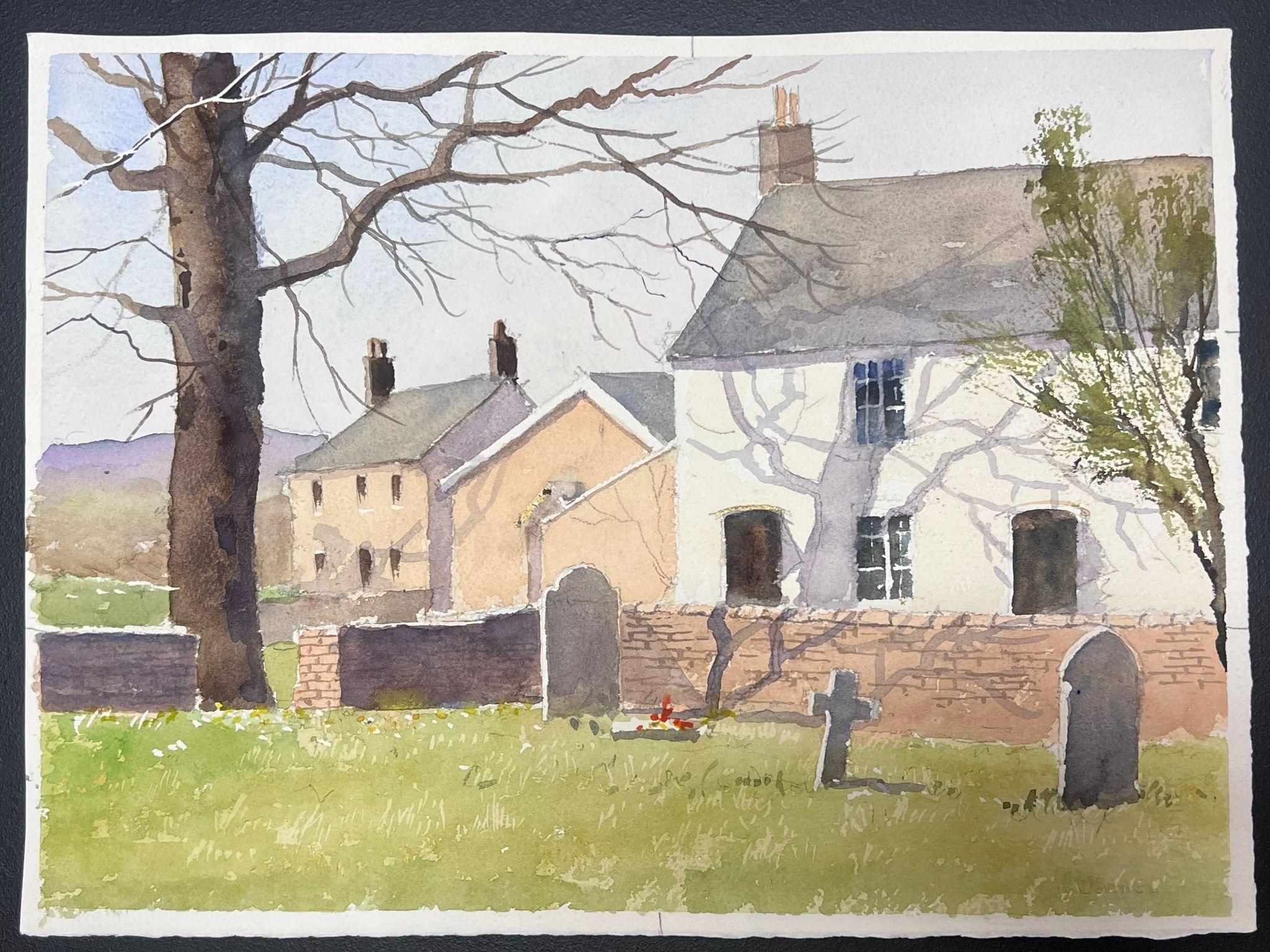 Fine British Original Impressionist Watercolor Small Village Church Graveyard - Painting by Anthony Avery