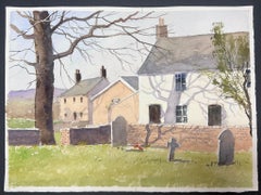 Fine British Original Impressionist Watercolor Small Village Church Graveyard