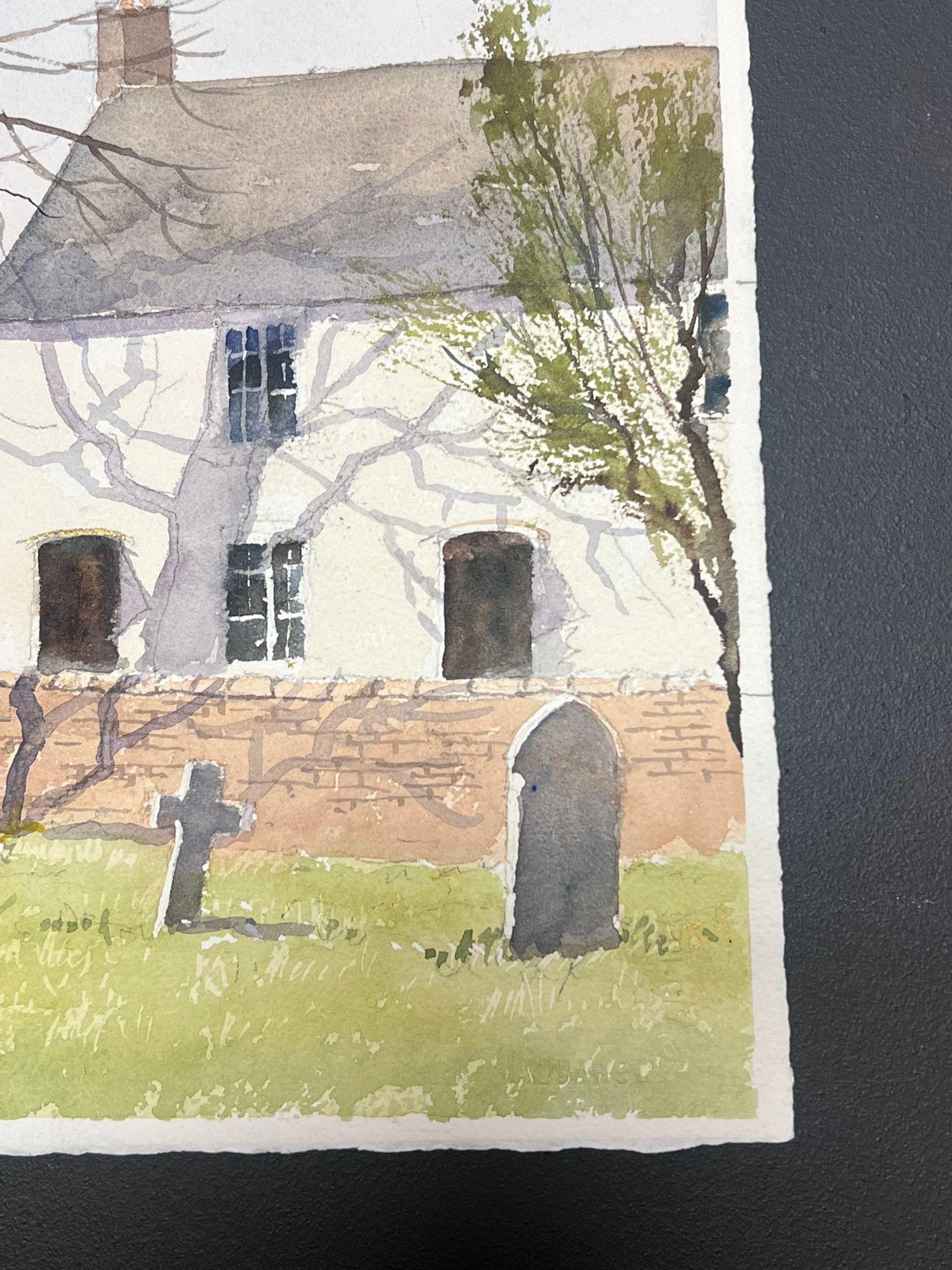 Fine British Original Impressionist Watercolor Small Village Church Graveyard - Beige Landscape Painting by Anthony Avery