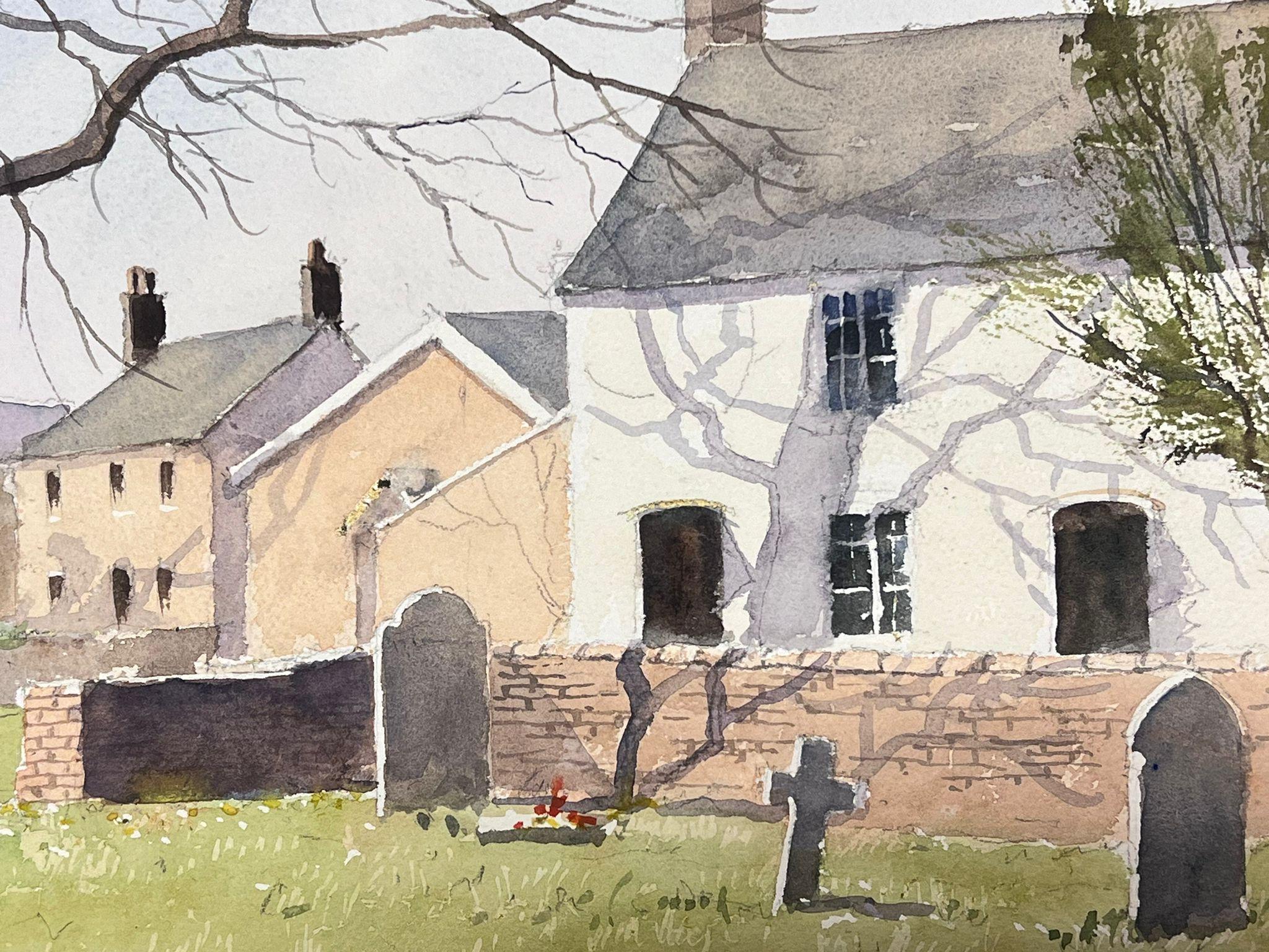 Fine British Original Impressionist Watercolor Small Village Church Graveyard For Sale 1