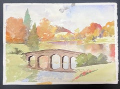 Fine British Original Impressionist Watercolor Summer Bridge River Reflection