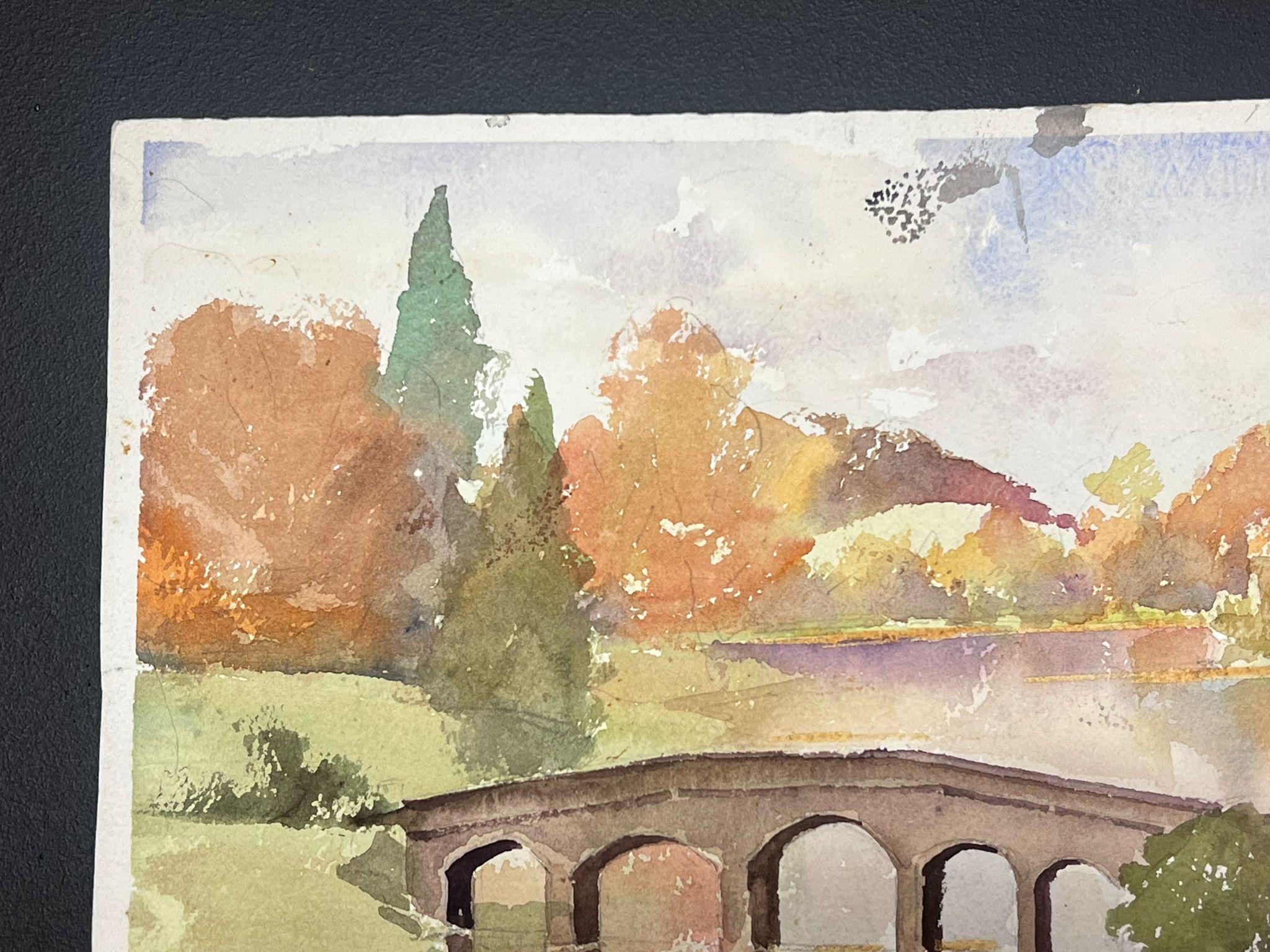 Fina acuarela original británica impresionista Puente de verano Reflejo del río - Painting Impresionista de Anthony Avery